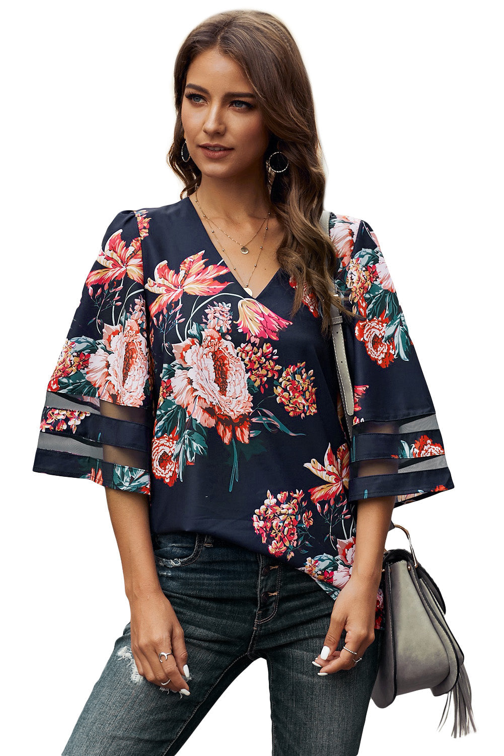 Fiery Red Floral Blouse with Sheer Patchwork Sleeve