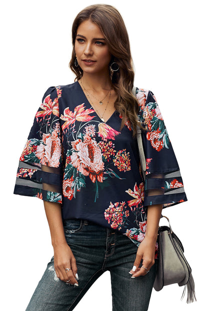 Fiery Red Floral Blouse with Sheer Patchwork Sleeve