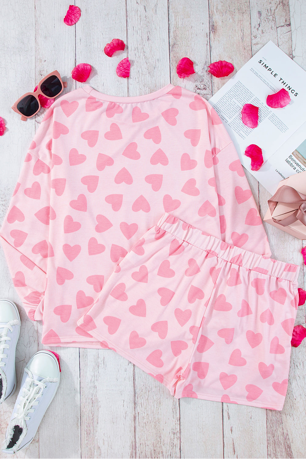 Heartfelt Pink Valentine's Day Lounge Set with Heart Print Top and Shorts
