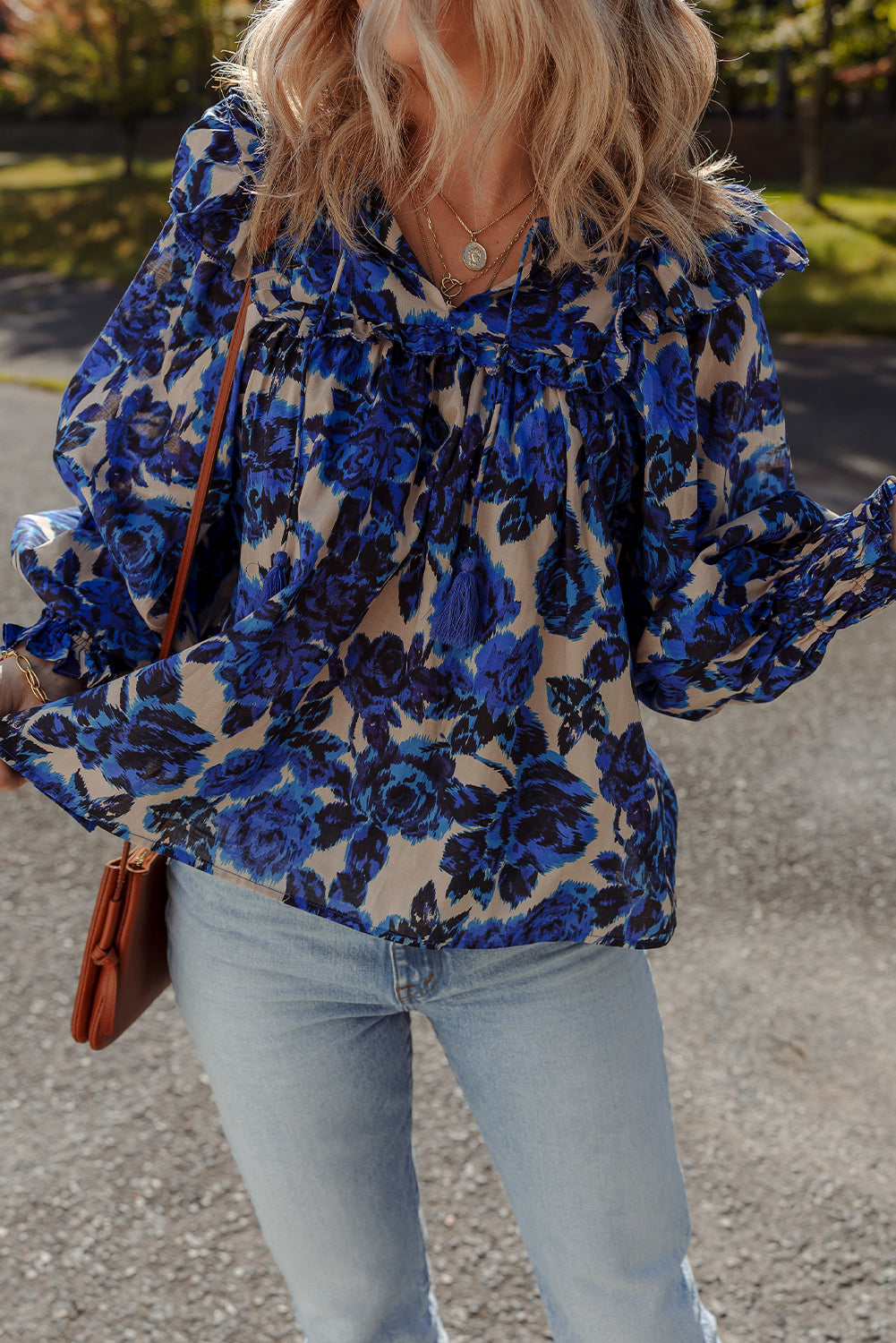 Blue Floral Print Tassel Tie Neck Ruffle Trim Long Puff Sleeve Blouse