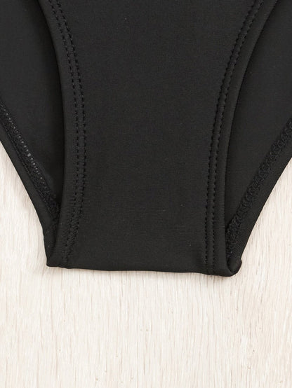 Elegant Black Metal Embellished One-Piece Swimsuit with Spaghetti Straps