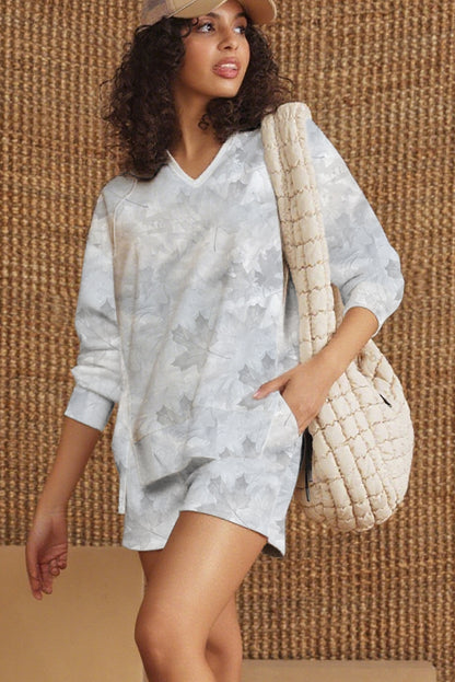 Gray Camo Leaves Print V Neck Pullover Top and Shorts 2pcs Outfit Set