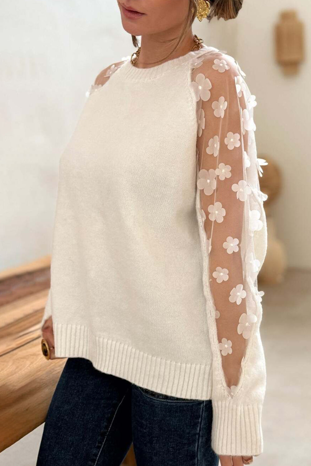 White Flower Applique Mesh Patchwork Sleeve Ribbed Trim Sweater