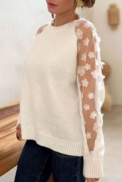 White Flower Applique Mesh Patchwork Sleeve Ribbed Trim Sweater