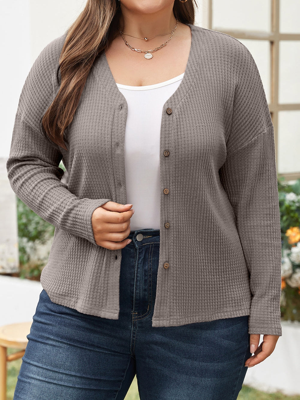 Simply Taupe Waffle Knit Drop Shoulder Button V Neck Plus Size Top