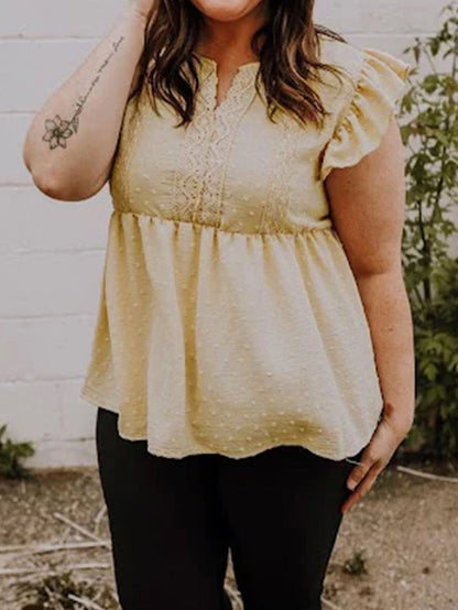 Golden Fleece Plus Size Swiss Dot Lace Trim Split Neck Babydoll Top