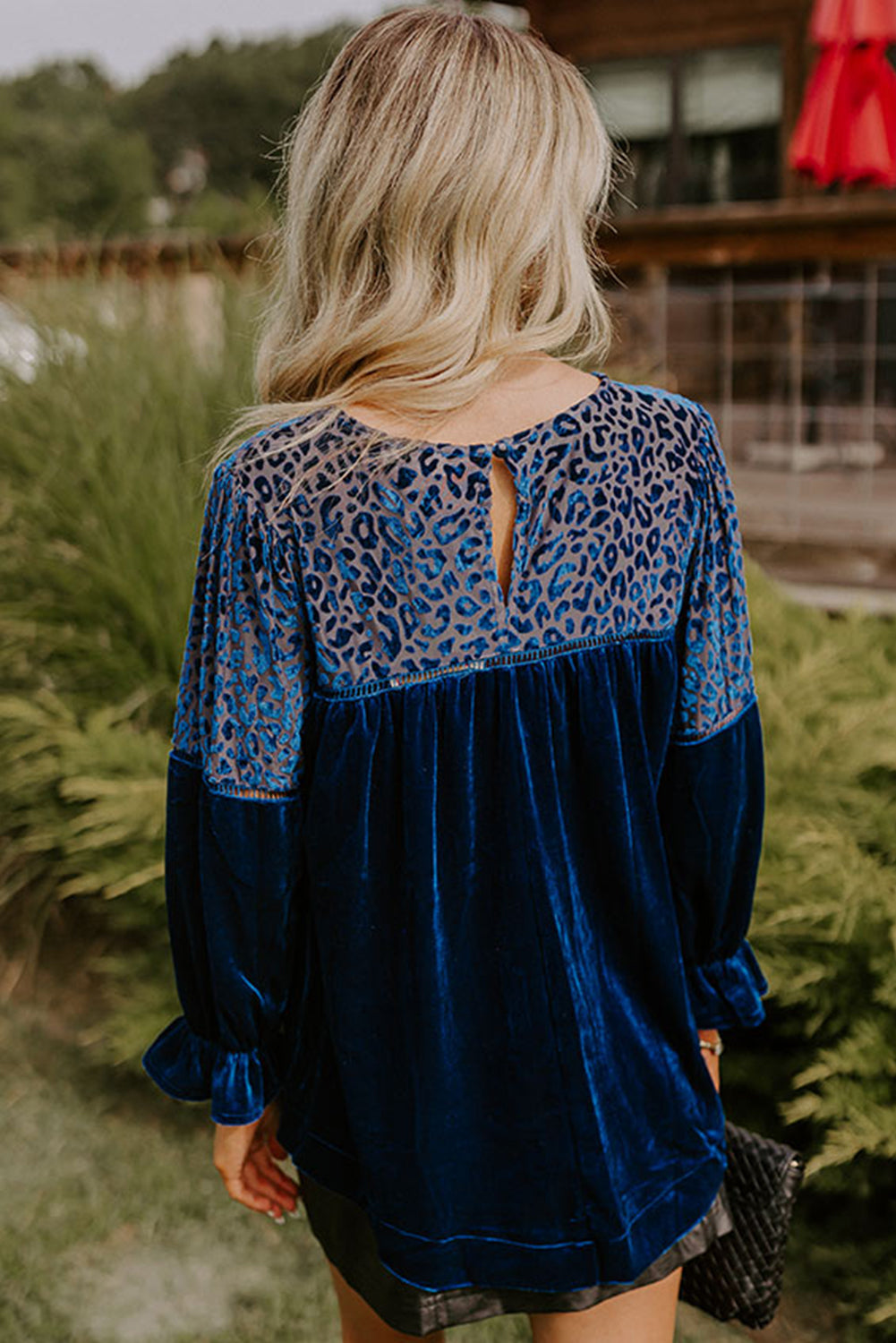 Sky Blue Leopard Patchwork Shoulder Flounce Sleeve Velvet Blouse