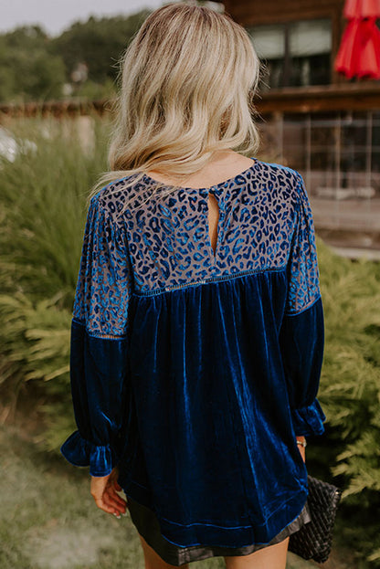 Sky Blue Leopard Patchwork Shoulder Flounce Sleeve Velvet Blouse