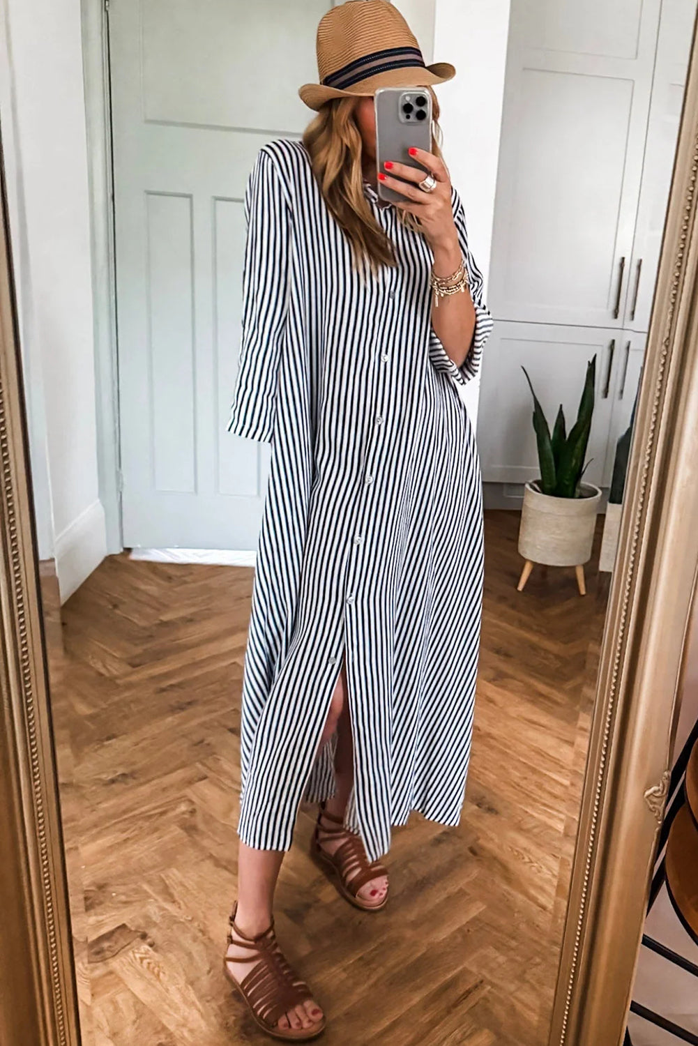 Black Stripe Side Pockets Buttoned Loose Fit Maxi Dress