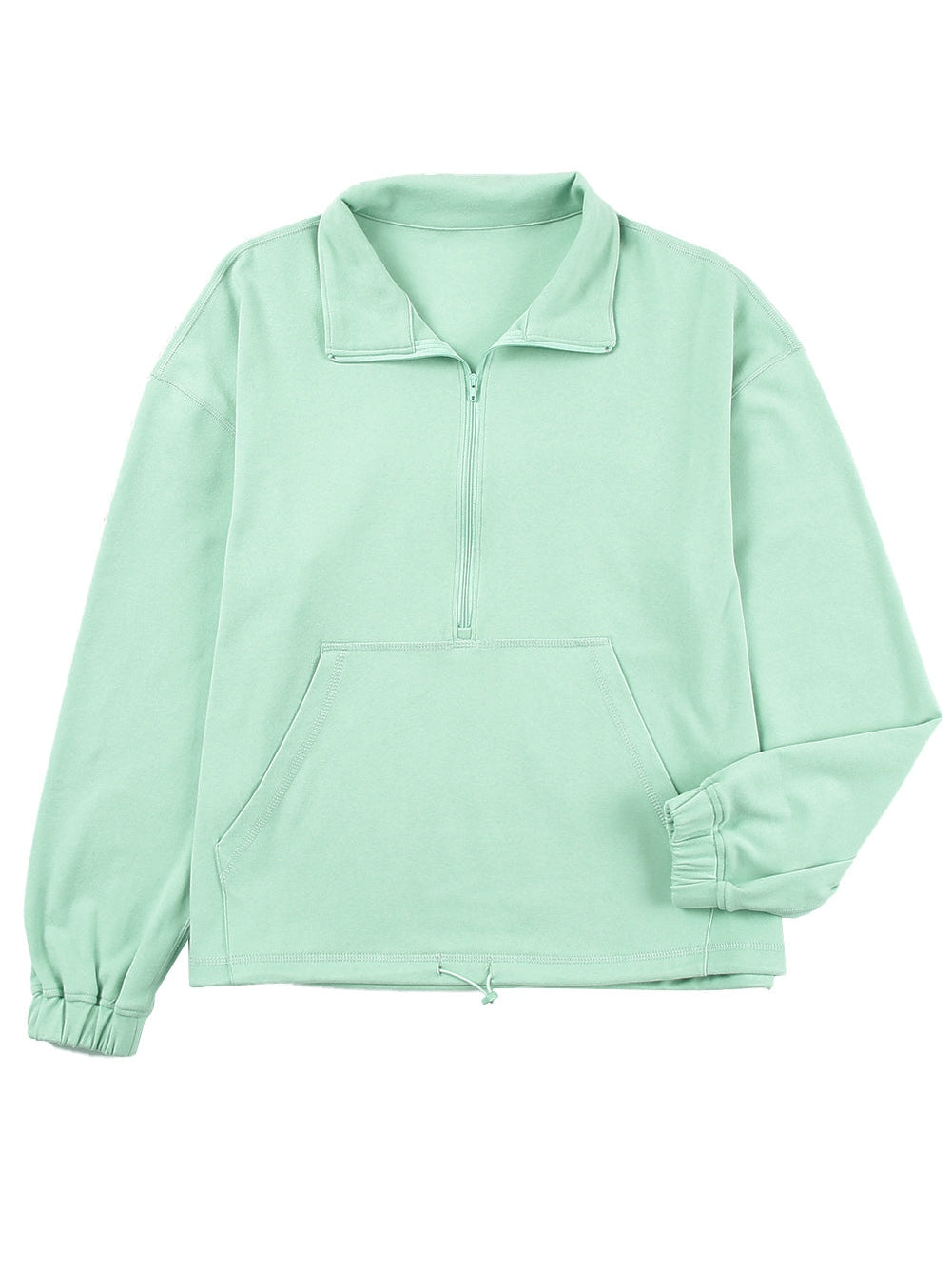Green Zip Front Pullover Sweatshirt with Pockets