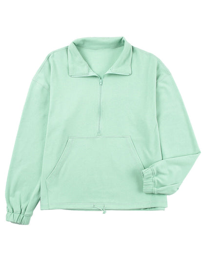 Green Zip Front Pullover Sweatshirt with Pockets