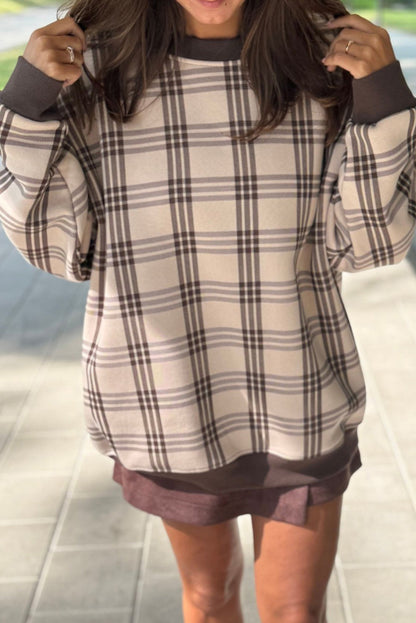 Parchment Plaid Loose Pullover Sweatshirt