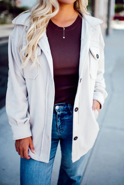 White Solid Color Exposed Seam Patchwork Button Down Fleece Shacket