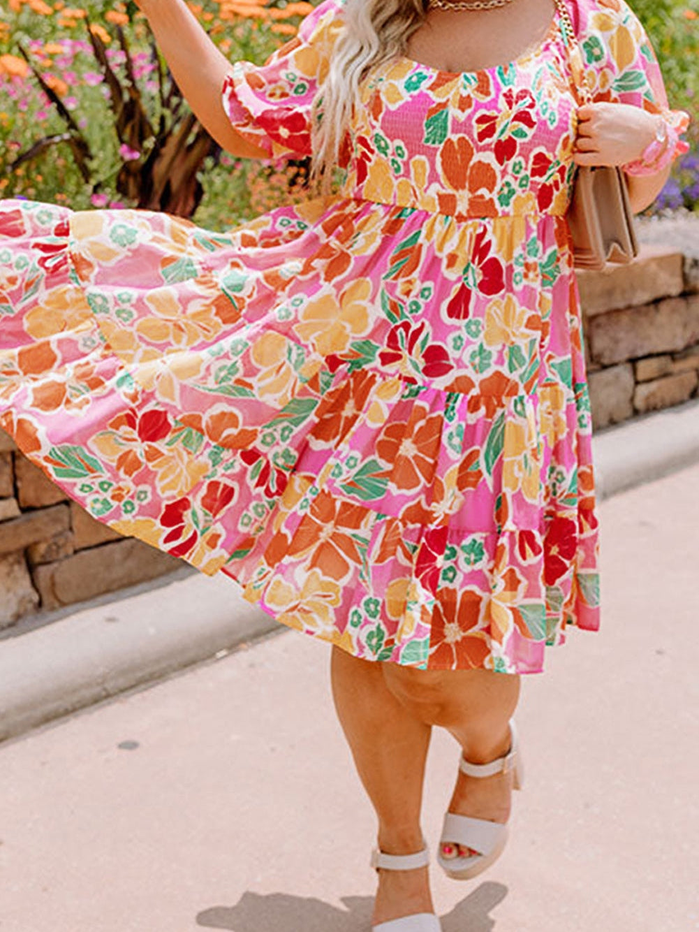 Pink Plus Size Floral Print Smocked Ruffle Tiered Dress