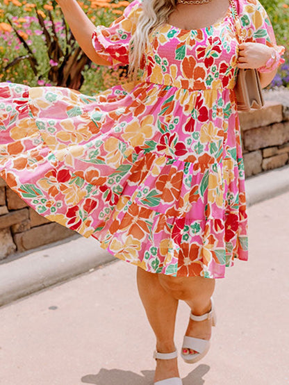 Pink Plus Size Floral Print Smocked Ruffle Tiered Dress