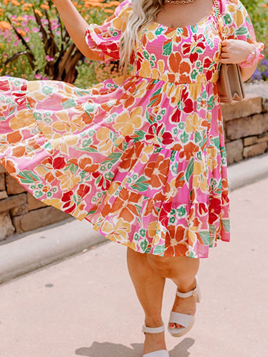 Pink Plus Size Floral Print Smocked Ruffle Tiered Dress