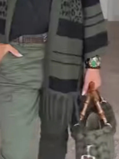 Women's Cardigan Sweater Jacket Open Front Ribbed Knit Polyester Tassel Knitted Print Fall Winter Regular Outdoor Daily Going out Fashion Casual Soft Long Sleeve Leopard Striped Dark Gray S M L