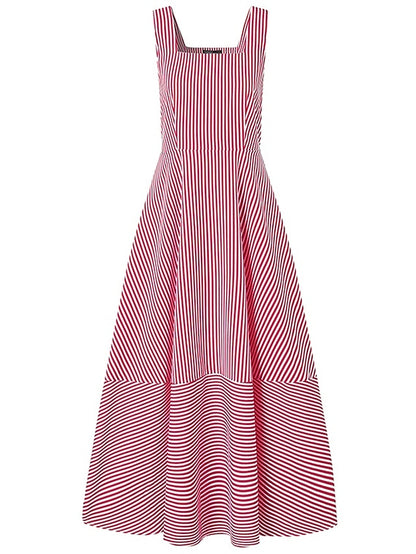 Women's Dress - Long Dress Maxi Dress Casual Dress Swing Dress A Line Dress Striped Basic Fashion Holiday Vacation Going out Ruffle Print Sleeveless Square Neck Dress Regular Fit Black Red Blue Spring Summer
