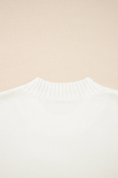 White Embroidered Flower Bouquet Ribbed Trim Loose Sweater