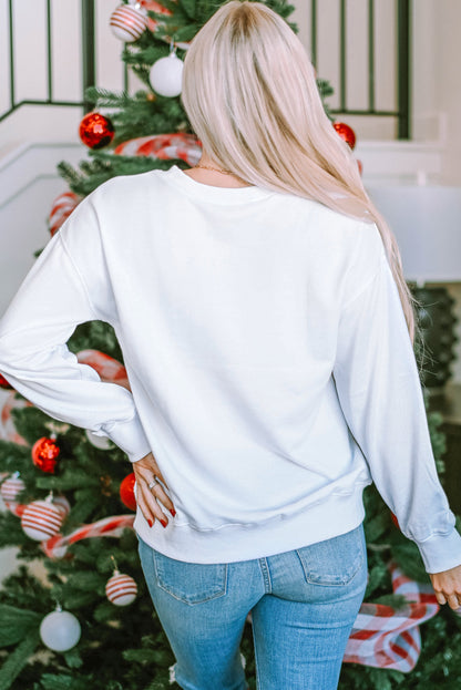 Festive White Christmas Tree Print Crewneck Sweatshirt