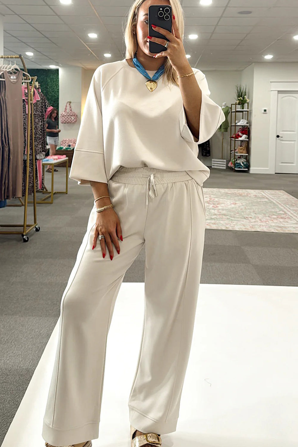 Jet Stream Solid Color 3/4 Loose Pullover Drawstring Pants 2pcs Outfit