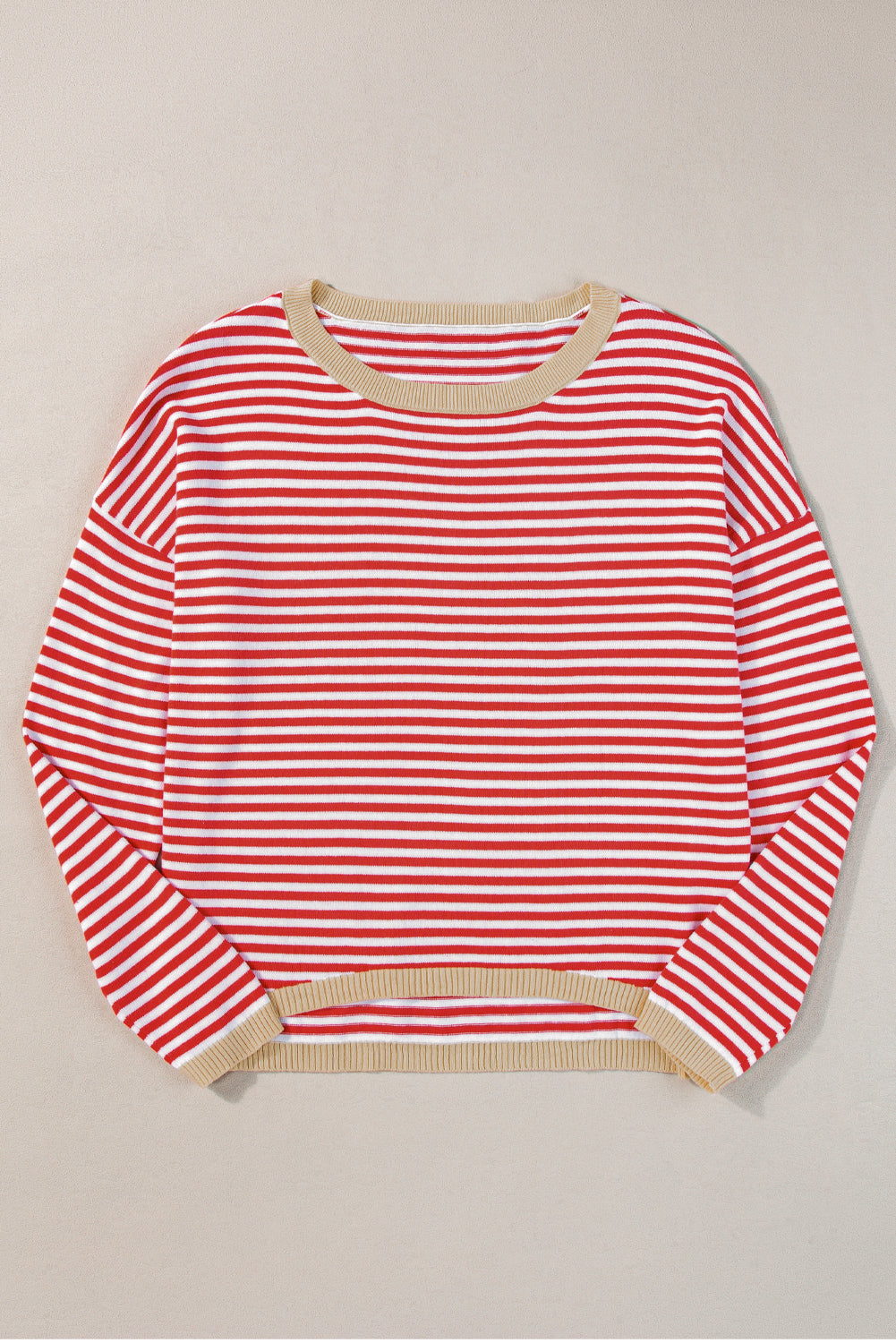 Fiery Red Striped Contrast Trimmed Drop Shoulder Sweater