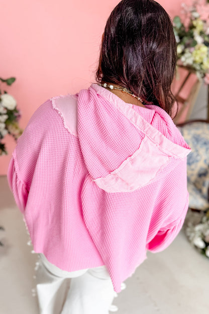 Bonbon Mix Texture Waffle Color Block Patchwork Hooded Shacket