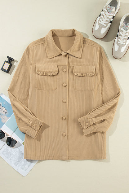 Light French Beige Solid Frilled Flap Pocket Button Up Corduroy Shacket