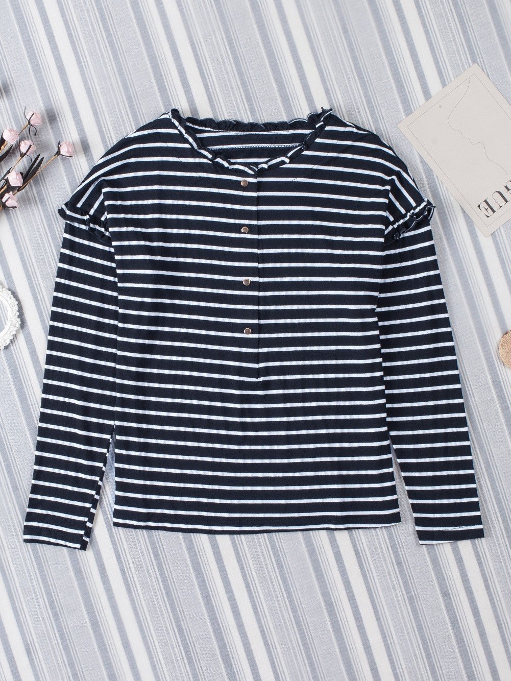 Elegant Black Striped Ruffled Button-Up Blouse