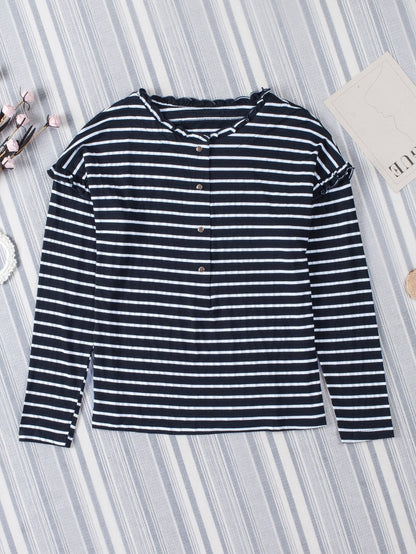 Elegant Black Striped Ruffled Button-Up Blouse