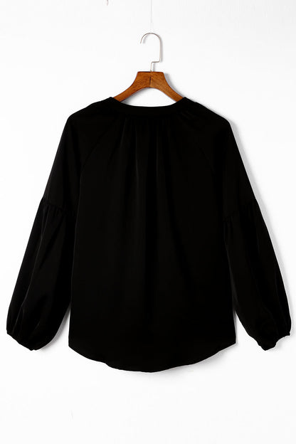 Black Fiery V Neck Long Puff Sleeve Top