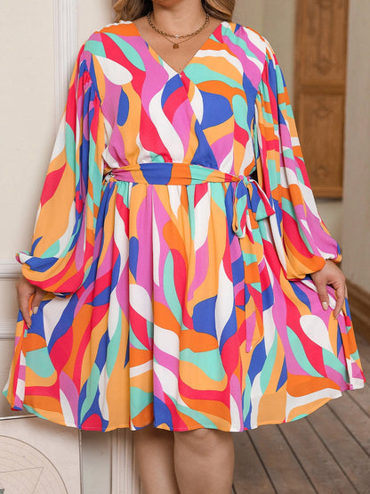 Vibrant Multicolor Abstract Print Plus Size Belted Shift Dress