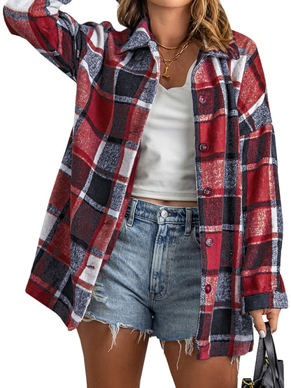 Fiery Orange Plaid Print Button-Up Shirt Jacket