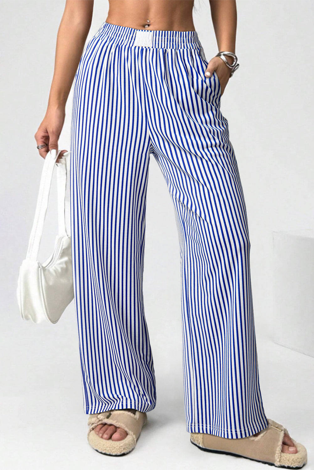 Blue Stripe Elastic High Waist Pocketed Loose Pants
