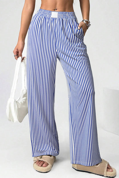 Blue Stripe Elastic High Waist Pocketed Loose Pants