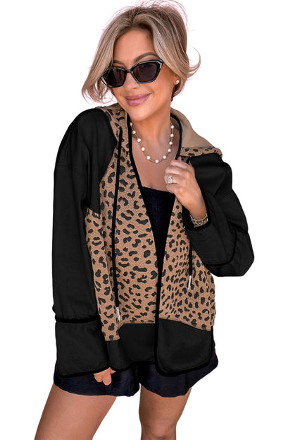 Black Leopard Star Hooded Patchwork Contrast Piping Open Front Jacket