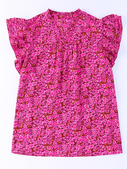 Rose Floral Print Ruffle Sleeve Plus Size Shift Top