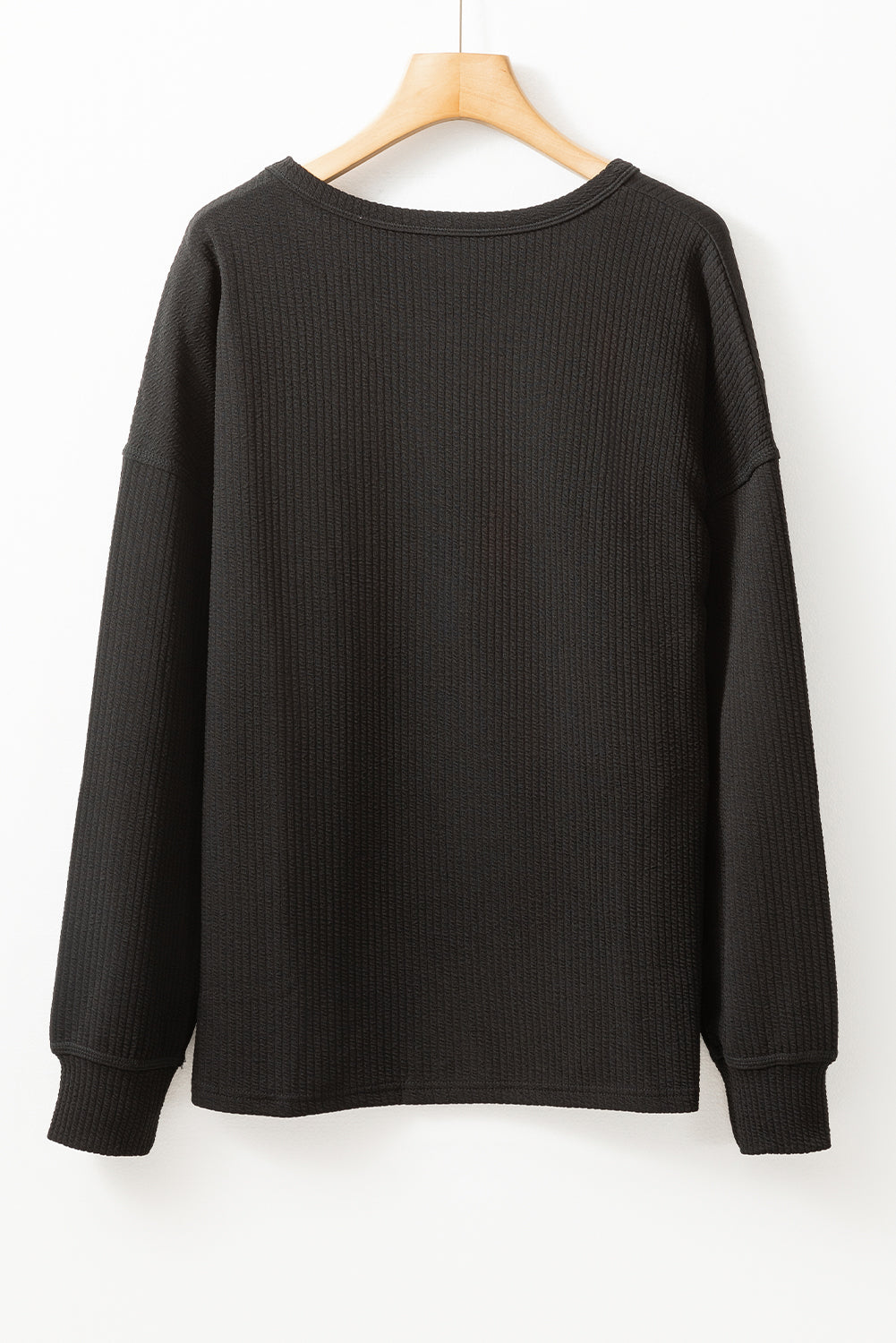 Black Solid Color Corded Drop Shoulder Long Sleeve Top