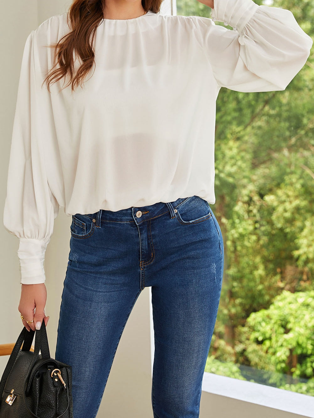 Elegant White Pleated Blouse with Puff Sleeves