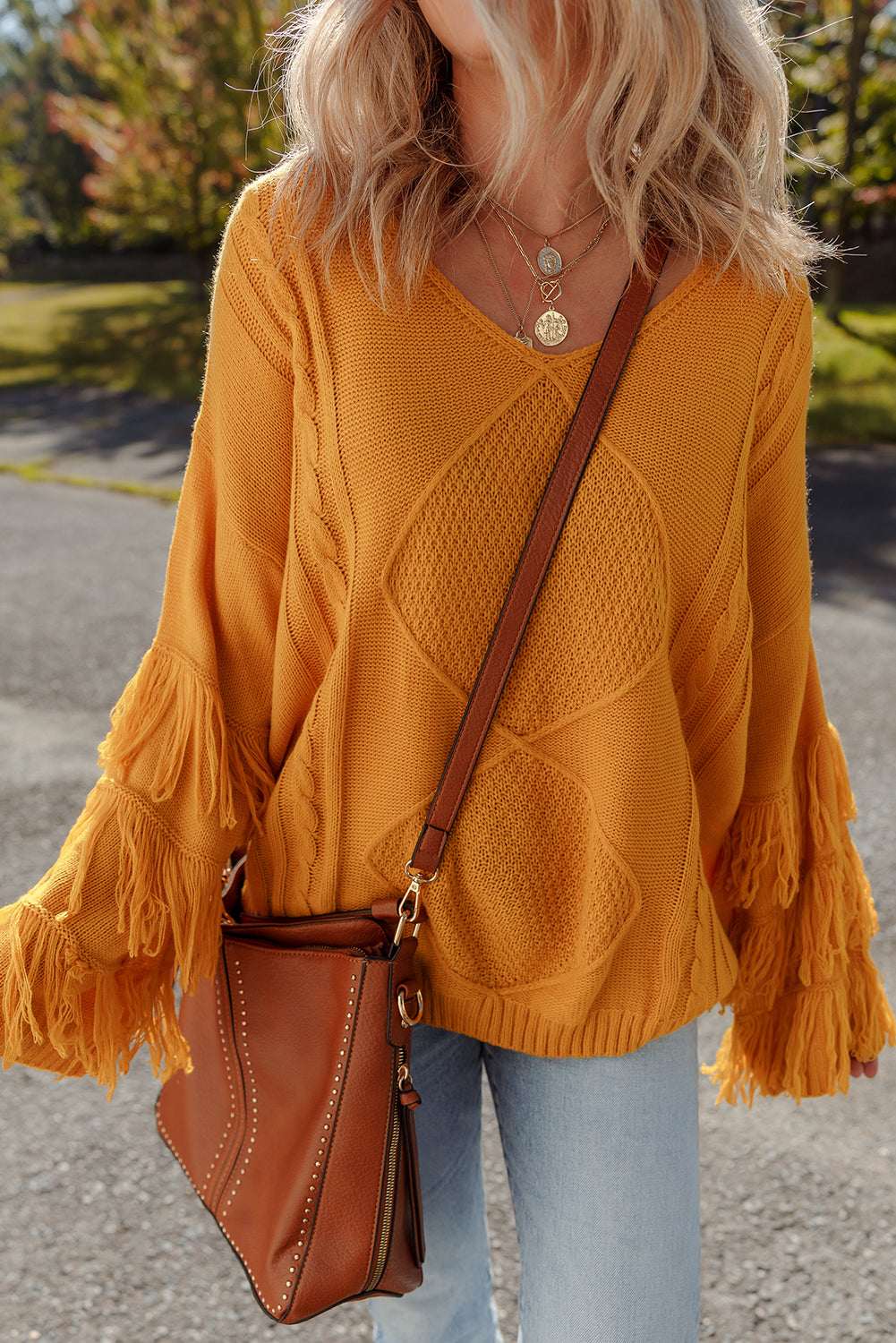 Jurassic Gold Pattern Knit Detail Fringe Trim Bell Sleeve Drop Shoulder Sweater