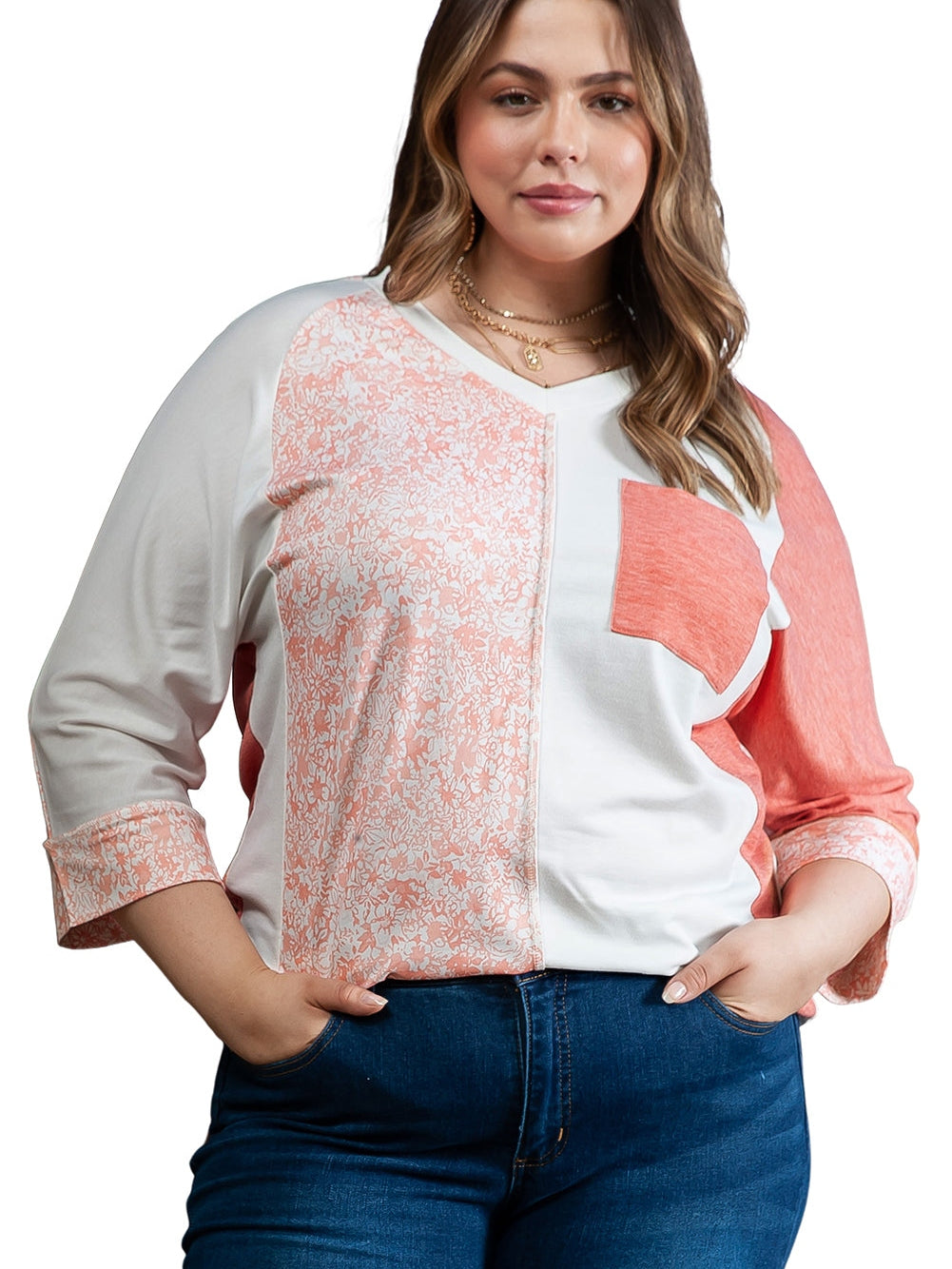 Pink Colorblock V-Neck Bracelet Sleeve Plus Size Top