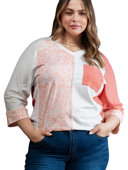 Pink Colorblock V-Neck Bracelet Sleeve Plus Size Top