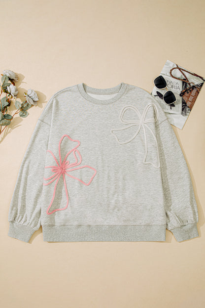 Light Grey Plus Size Thread Embroidered Drop Shoulder Round Neck Sweatshirt