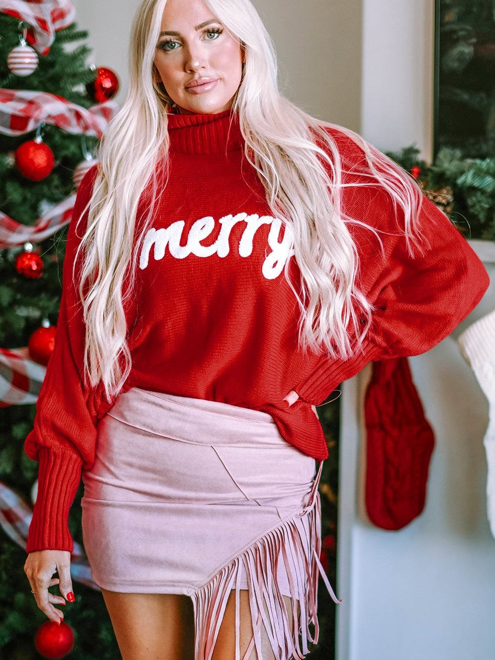 Festive Crimson Turtleneck Embroidered Letter Sweater