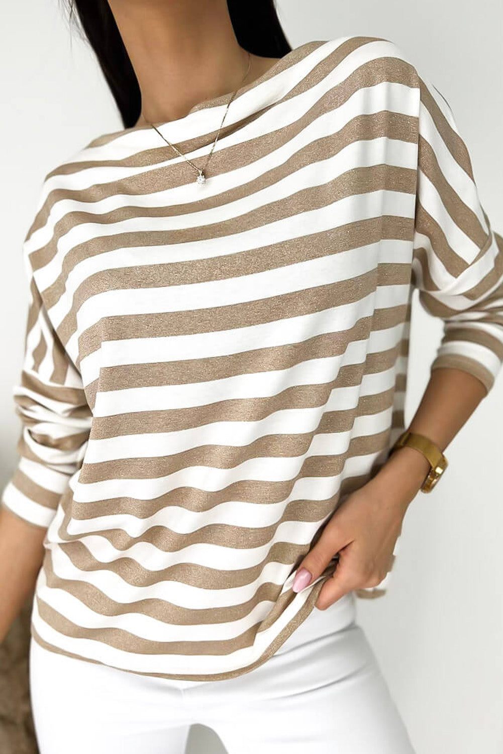 Khaki Boat Neck Striped Long Sleeve Top