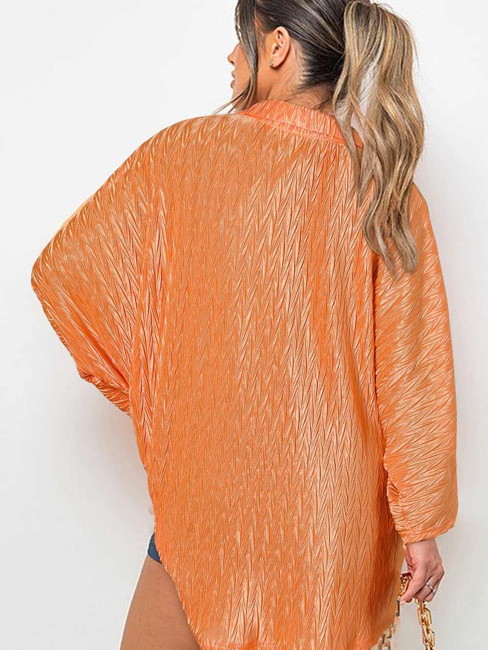 Grapefruit Orange Crinkled Texture Button-up Blouse with Wide Sleeves
