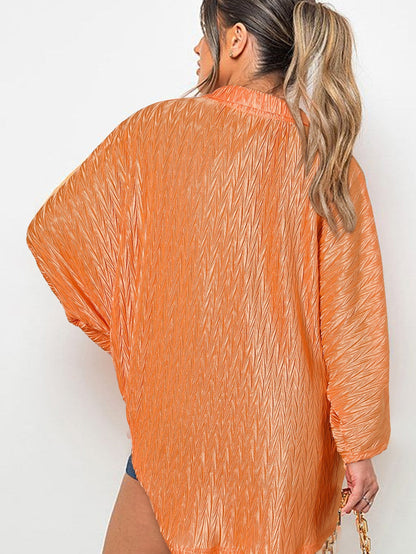 Grapefruit Orange Crinkled Texture Button-up Blouse with Wide Sleeves
