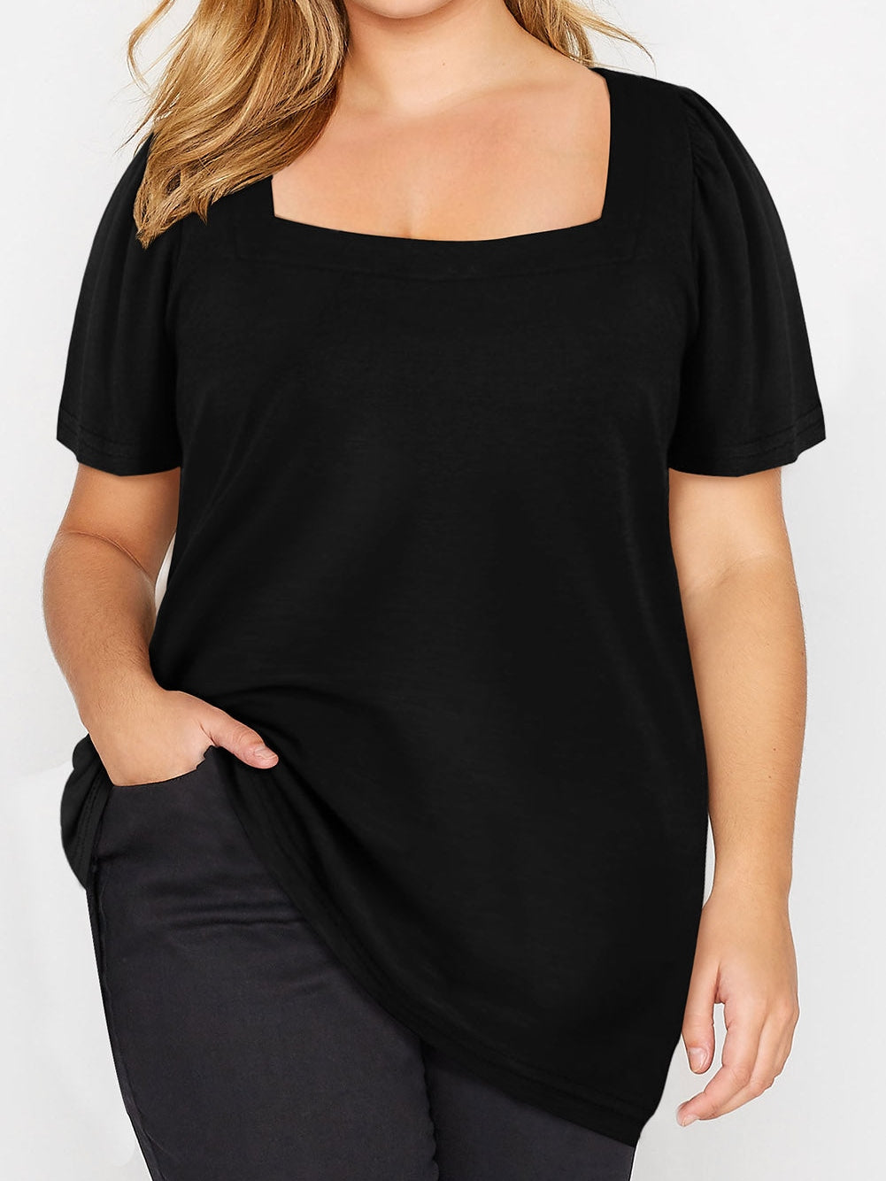 Black Plus Size Square Neck Ruched Shoulder Short Sleeve Top