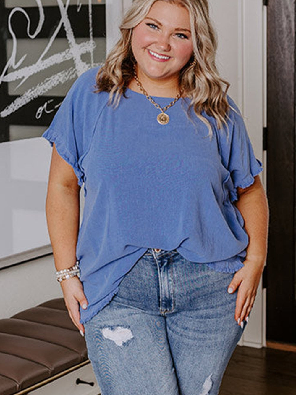Ashleigh Blue Plus Size Raw Hem Short Sleeve Shift Top