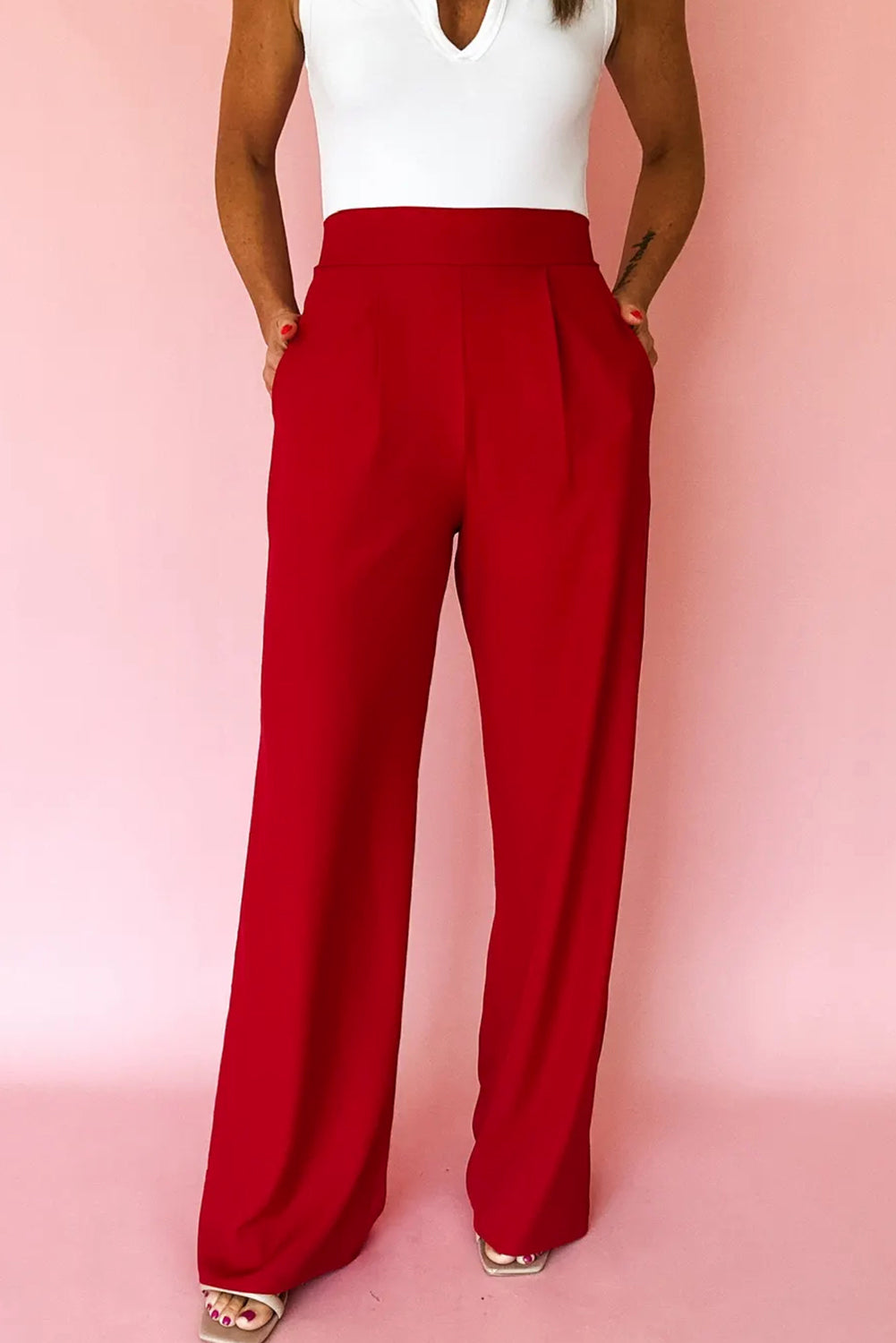 Fiery Red Pleated Detail Pull On High Elastic Waist Loose Straight Pants